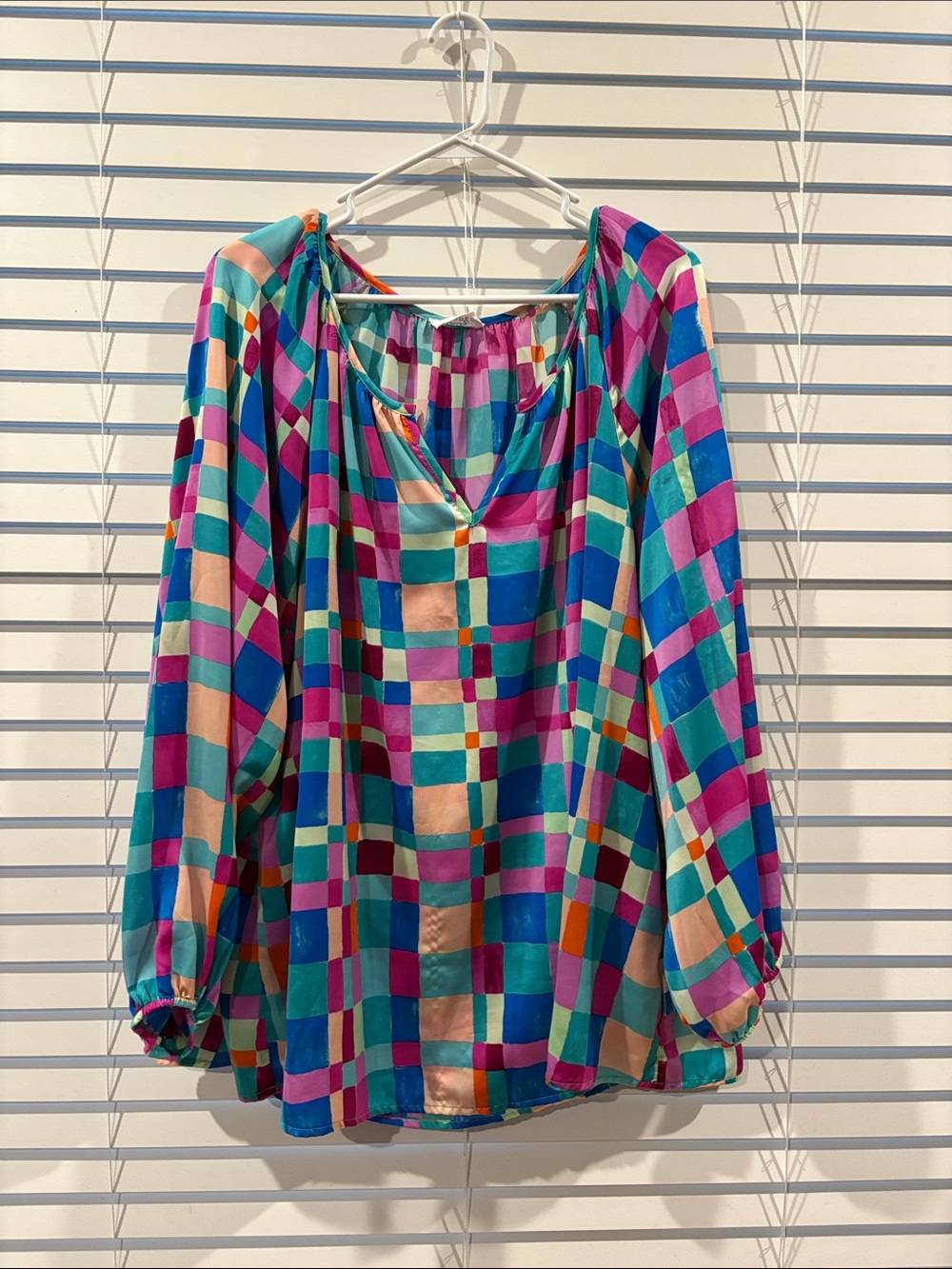 Colorblock Geometric Peasant Blouse - Turquoise, Pink & Blue